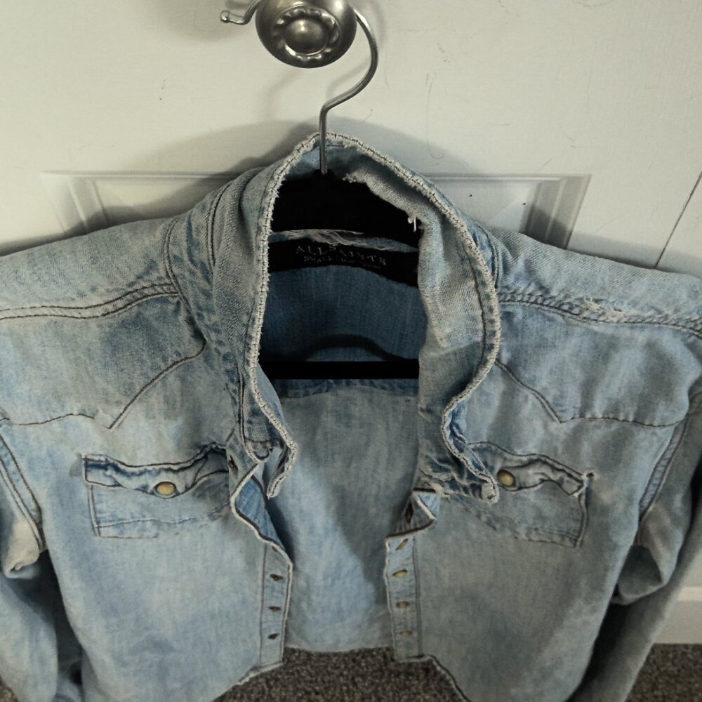 Men's Distressed All Saints Denim Shirt sz Small - Picture 4 of 5